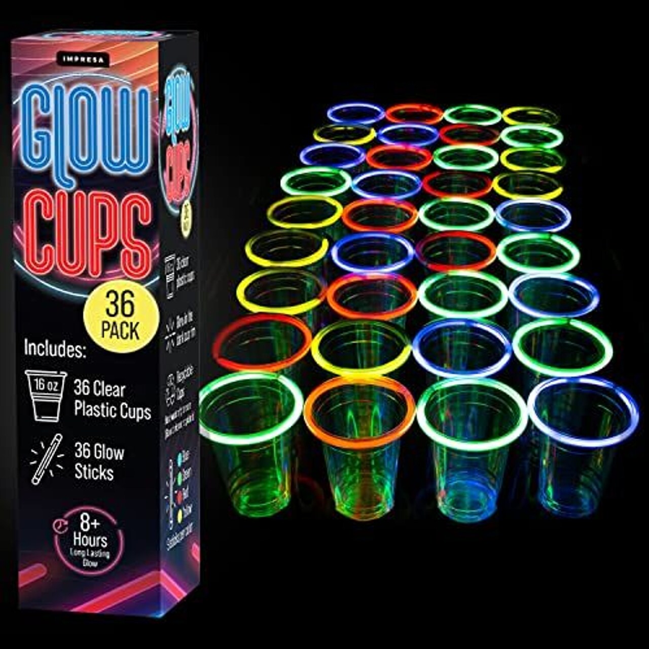 IMPRESA Light Up Cups Neon - 16 oz, Clear Plastic, 36 Pack - Bulk Glow Cups for Party & Glow in the Dark Drinkware with Multi-Color Neon Sticks